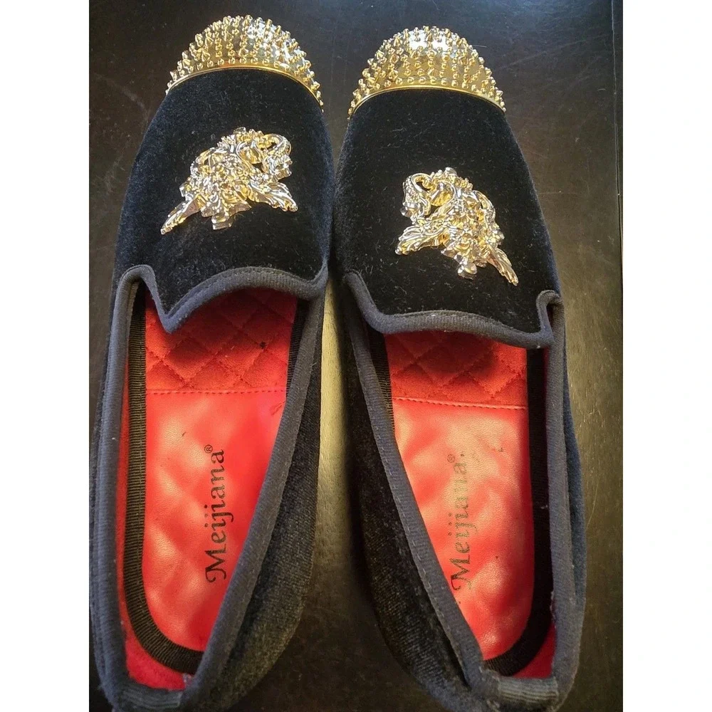 Meijiana Men's Black Velvet Gold Studded‎ Slip-On Loafer Dress Shoes 7M